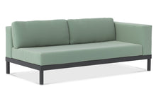 Load image into Gallery viewer, Makena Collection Sectional Sofa, Chaise and right arm facing 2 seater, powder-coated aluminum base, Sun and water safe fabrics, integrated teak tables, completely customizable. Maui Modern Home, Wailea, HI