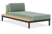 Load image into Gallery viewer, Makena Collection Sectional Sofa, Chaise and right arm facing 2 seater, powder-coated aluminum base, Sun and water safe fabrics, integrated teak tables, completely customizable. Maui Modern Home, Wailea, HI