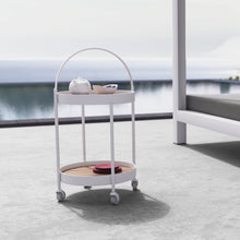 Load image into Gallery viewer, Round outdoor bar cart on wheels. Powder-coated aluminum frame available in white pearl or asteroid, tray top is removeable. Maui Modern Home, Wailea, HI