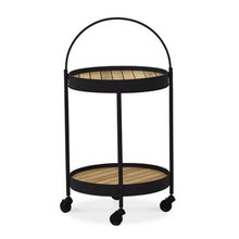 Load image into Gallery viewer, Round outdoor bar cart on wheels. Powder-coated aluminum frame available in white pearl or asteroid, tray top is removeable. Maui Modern Home, Wailea, HI