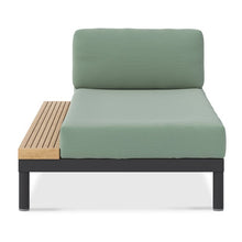 Load image into Gallery viewer, Makena Collection Sectional Sofa, Chaise and right arm facing 2 seater, powder-coated aluminum base, Sun and water safe fabrics, integrated teak tables, completely customizable. Maui Modern Home, Wailea, HI