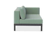 Load image into Gallery viewer, Makena Collection Sectional Sofa, Chaise and right arm facing 2 seater, powder-coated aluminum base, Sun and water safe fabrics, integrated teak tables, completely customizable. Maui Modern Home, Wailea, HI