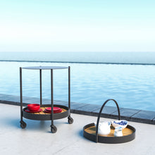 Load image into Gallery viewer, Round outdoor bar cart on wheels. Powder-coated aluminum frame available in white pearl or asteroid, tray top is removeable. Maui Modern Home, Wailea, HI
