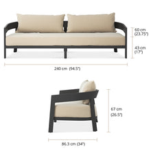 Load image into Gallery viewer, Wailea Collection, mid-century modern inspired outdoor 3 seat sofa on a powder-coated aluminum frame, Maui Modern Home, Wailea, HI