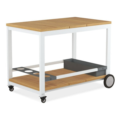 A wonderful addition to an outdoThe Makena Collection trolley is built from natural teak with a powder-coated aluminum frame.  It has a removable top tray and a 4-bottle wine rack on the lower shelf. 