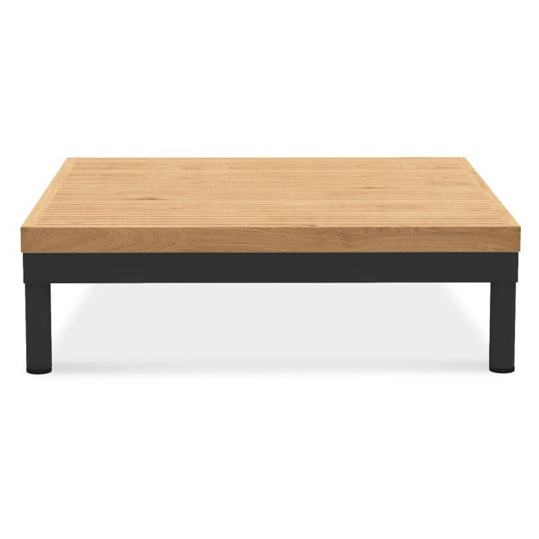 Teak topped square coffee table from the Makena collection, powder-coated aluminum frame is available in white pearl  or asteroid.  Natural teak top. . Maui Modern Home, Wailea HI 