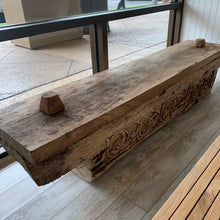 Load image into Gallery viewer, Beautiful hand-carved antique teak bench.  Interior has a carved out hidden storage space.  Beautiful carving on side of the bench.  Great patina.  One-of-a-kind piece.  Stunning.
