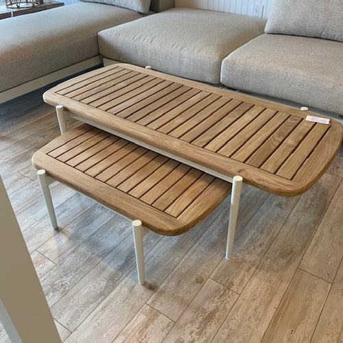 The Wailea Collection Nested Coffee Tables, Powder-coated aluminum frame and teak top.  Maui Modern Home, Wailea, HI