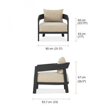Load image into Gallery viewer, This beautiful oversized lounge chair in the perfect complement to other pieces in the Wailea Collection.  Available in a teak frame or powder-coated aluminum frame (white pearl or asteroid) and a variety of fabrics.  It has a fixed bottom cushion and a loose back cushion.
