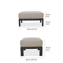 Load image into Gallery viewer, A perfect complement to the Wailea Collection lounge chair.  Available in a powder-coated aluminum frame (white pearl or asteroid) or natural sanded teak.  Price with standard fabric....but can be special ordered in a variety of fabrics. Maui Modern Home, Wailea, HI

