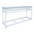 White Regeant Console Table, rattan and glass, intended for indoor use.  Maui Modern Home, Wailea, HI.