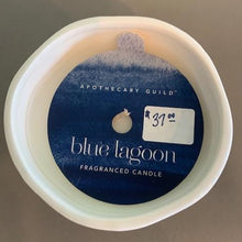 Load image into Gallery viewer, Blue Lagoon Candle in a ceramic footed container, navy chevron pattern on white background.  Lovely fragrance.
