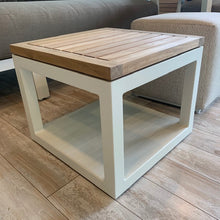 Load image into Gallery viewer, The terrace side table has a powder-coated aluminum frame and a teak top.  Beautiful and extremely durable, the terrace table is perfect for the lanai.  18&quot; square x 15&quot; H  Available in white pearl or asteroid finish, Maui Modern Home, Outdoor Luxury Furniture, Wailea, HI
