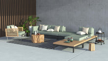 Load image into Gallery viewer, Teak topped square coffee table from the Makena collection, powder-coated aluminum frame is available in white pearl  or asteroid.  Natural teak top. . Maui Modern Home, Wailea HI 
