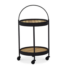 Load image into Gallery viewer, Round outdoor bar cart on wheels.  Powder-coated aluminum frame available in white pearl or asteroid, tray top is removeable.  Maui Modern Home, Wailea, HI
