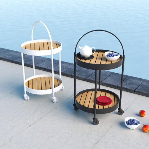 Round outdoor bar cart on wheels.  Powder-coated aluminum frame available in white pearl or asteroid, tray top is removeable.  Maui Modern Home, Wailea, HI