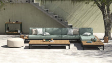 Load image into Gallery viewer, Teak topped square coffee table from the Makena collection, powder-coated aluminum frame is available in white pearl  or asteroid.  Natural teak top. . Maui Modern Home, Wailea HI 
